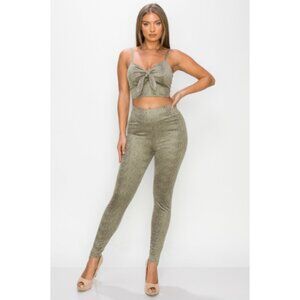 Embossed Snake Print Crop Top & Leggings, Tie Front & High Waist, 2 Piece Set